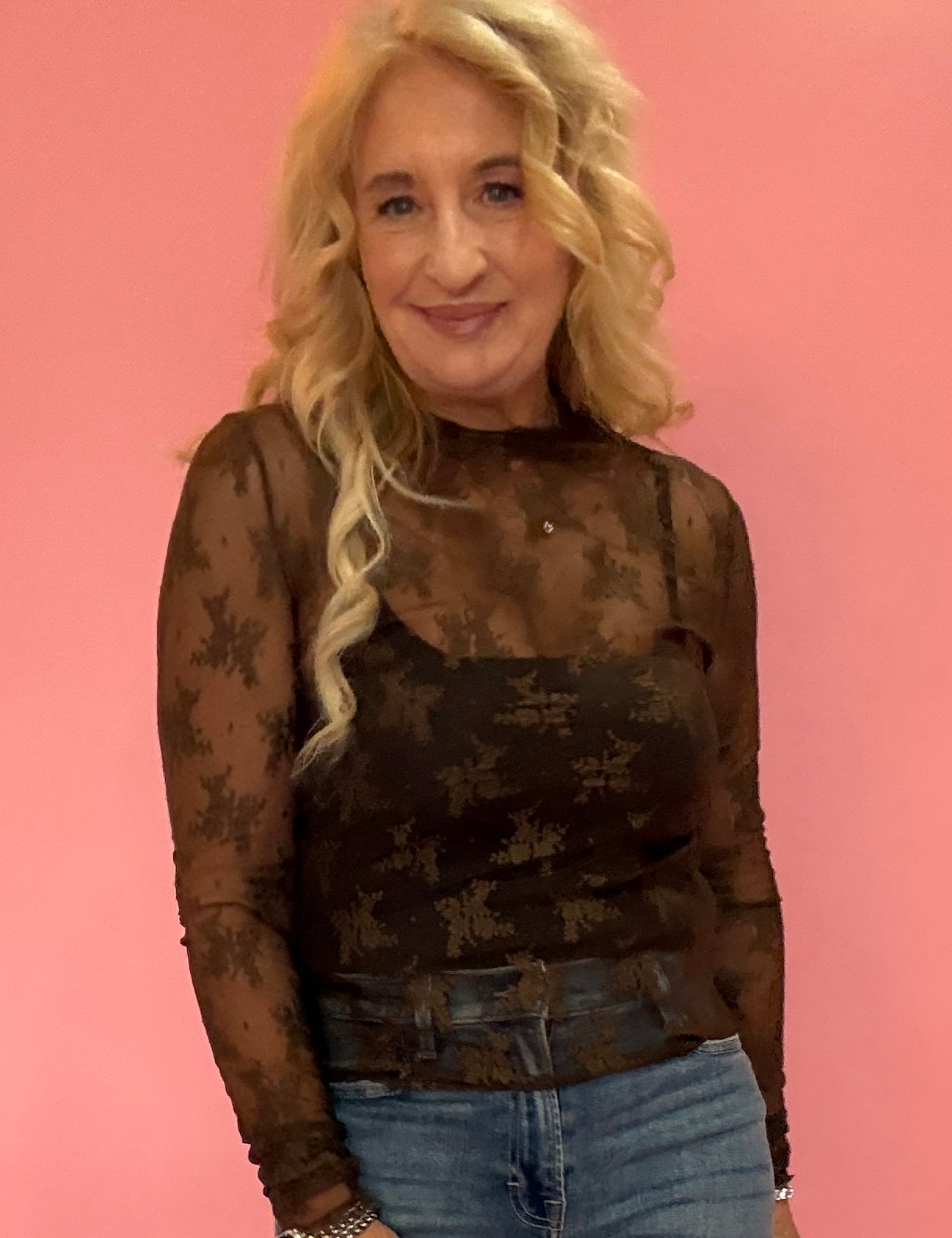 Lace Mock Neck Thumbhole Long Sleeve Top in Brown