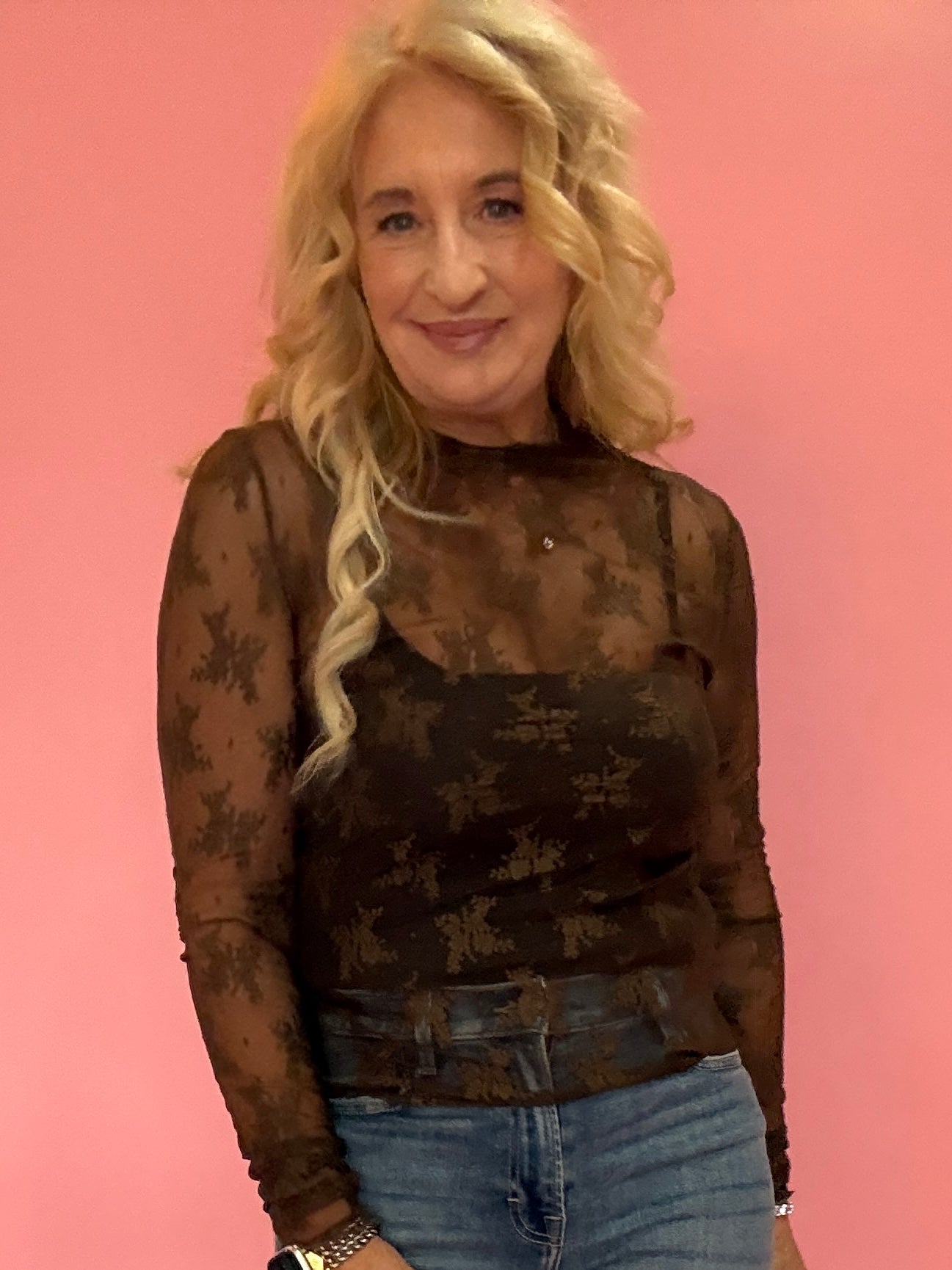 Lace Mock Neck Thumbhole Long Sleeve Top in Brown
