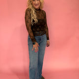 Lace Mock Neck Thumbhole Long Sleeve Top in Brown
