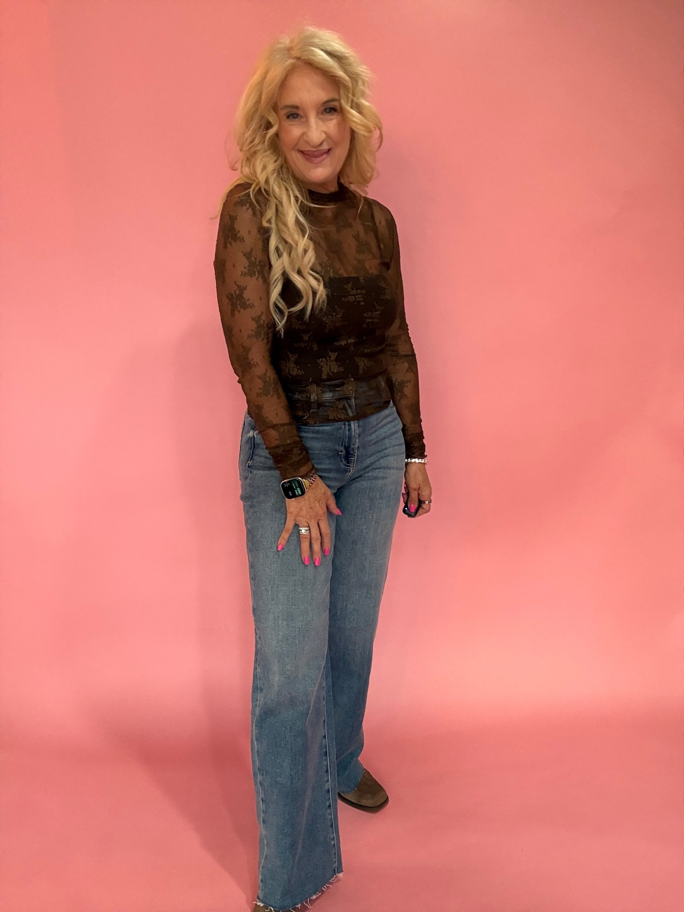 Lace Mock Neck Thumbhole Long Sleeve Top in Brown