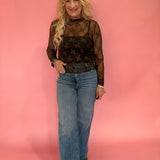 Lace Mock Neck Thumbhole Long Sleeve Top in Brown