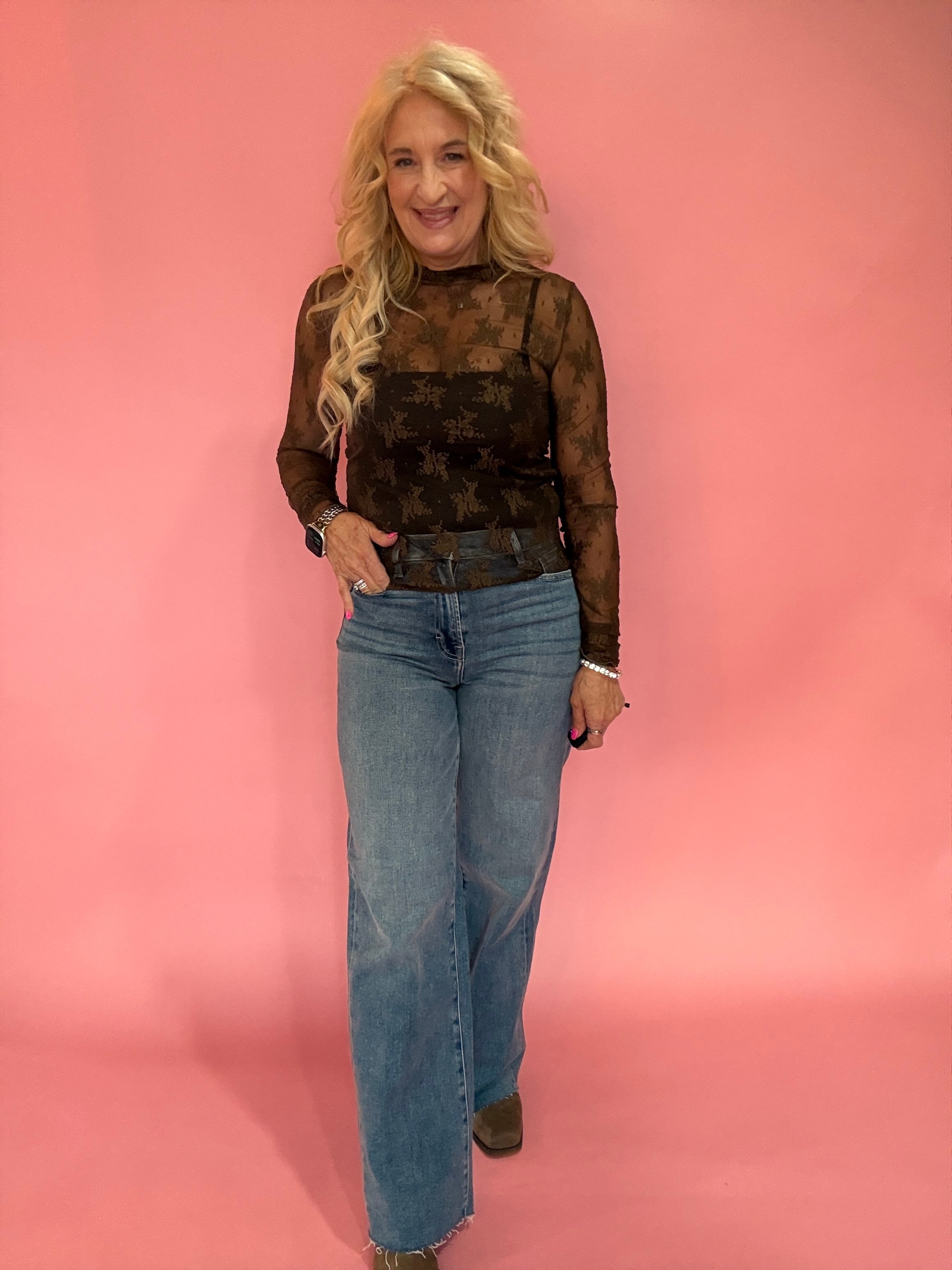Lace Mock Neck Thumbhole Long Sleeve Top in Brown