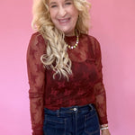 Lace Mock Neck Thumbhole Long Sleeve Top in Wine