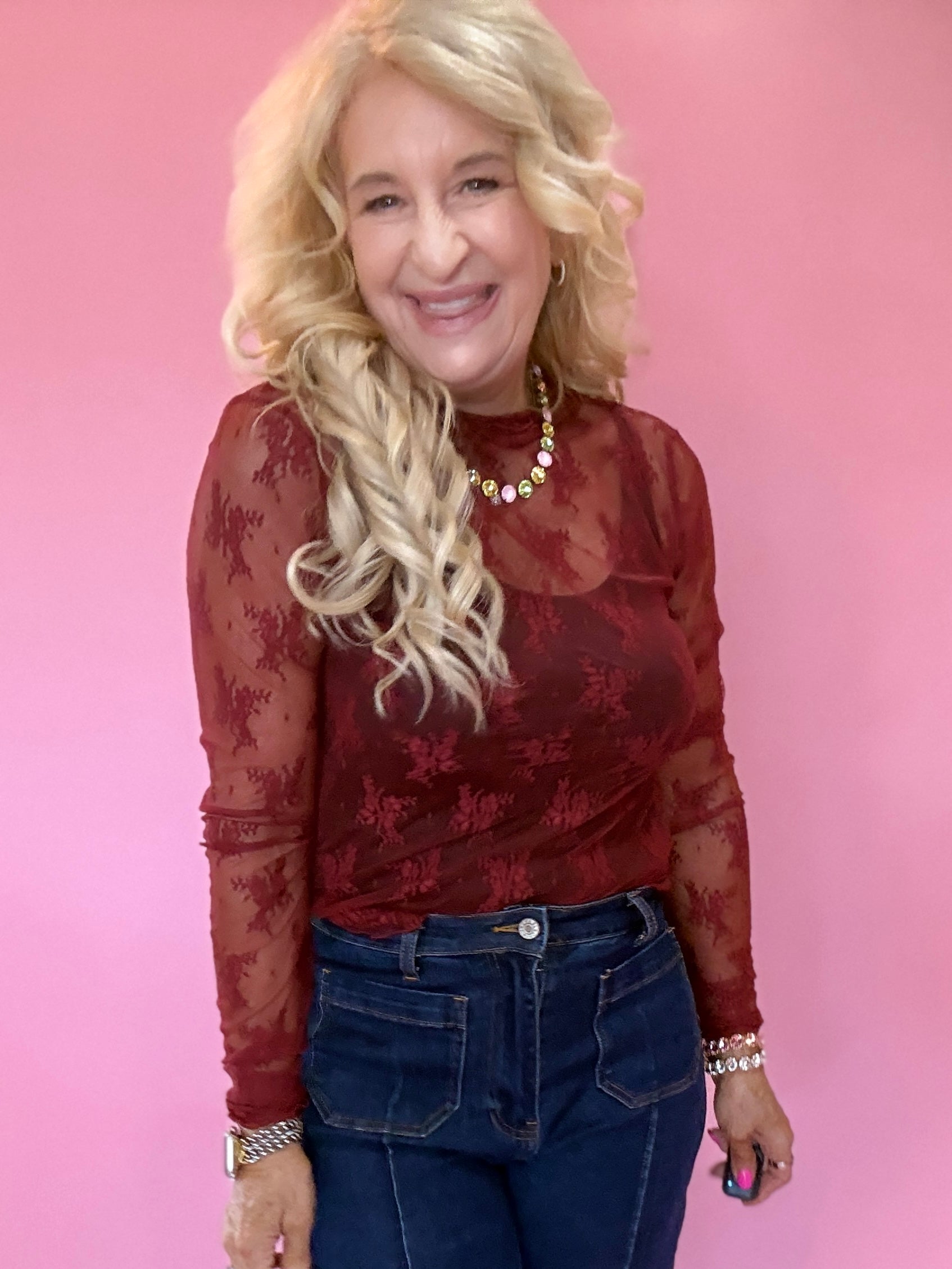 Lace Mock Neck Thumbhole Long Sleeve Top in Wine
