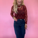 Lace Mock Neck Thumbhole Long Sleeve Top in Wine