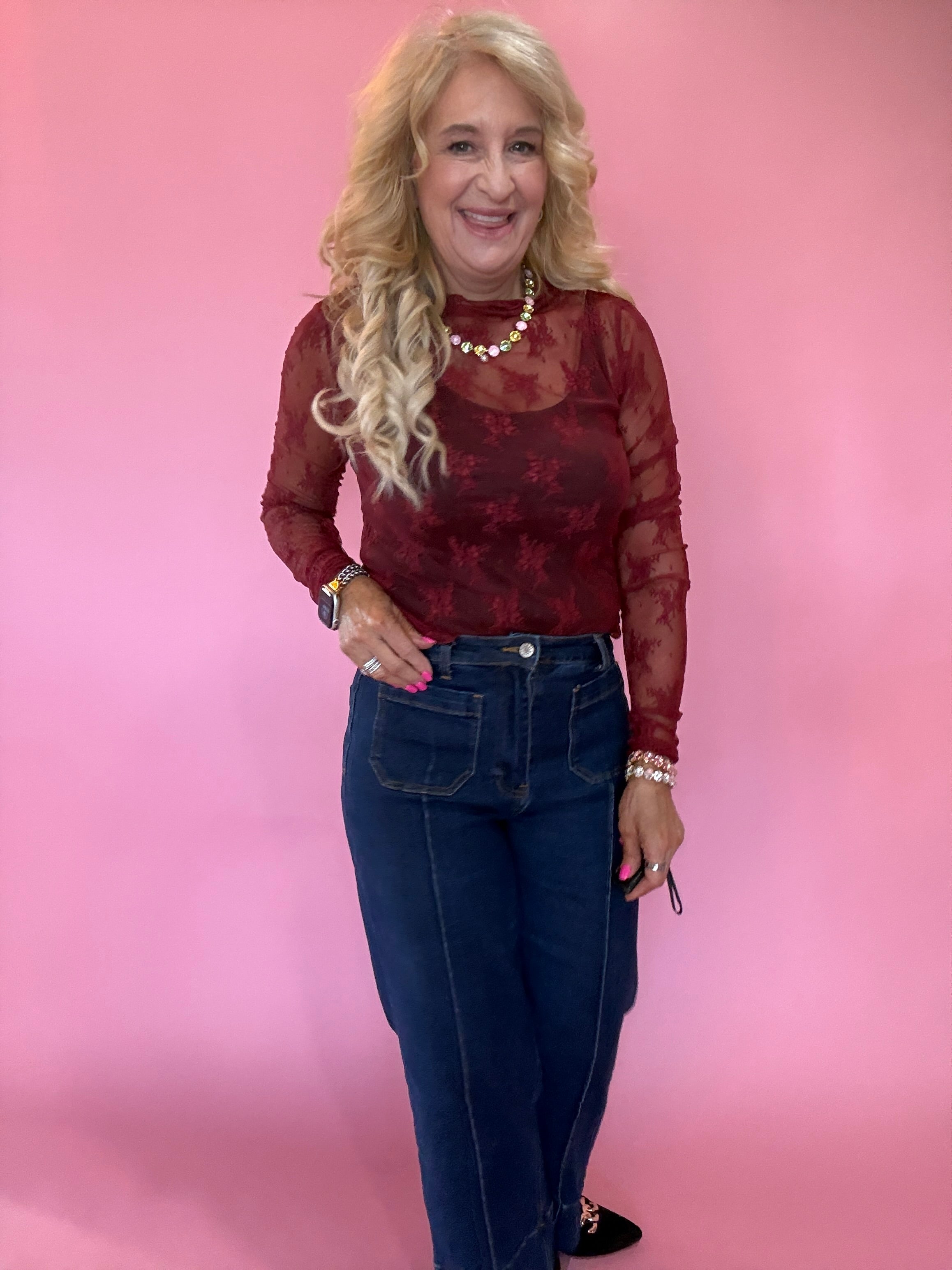 Lace Mock Neck Thumbhole Long Sleeve Top in Wine