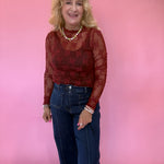 Lace Mock Neck Thumbhole Long Sleeve Top in Wine