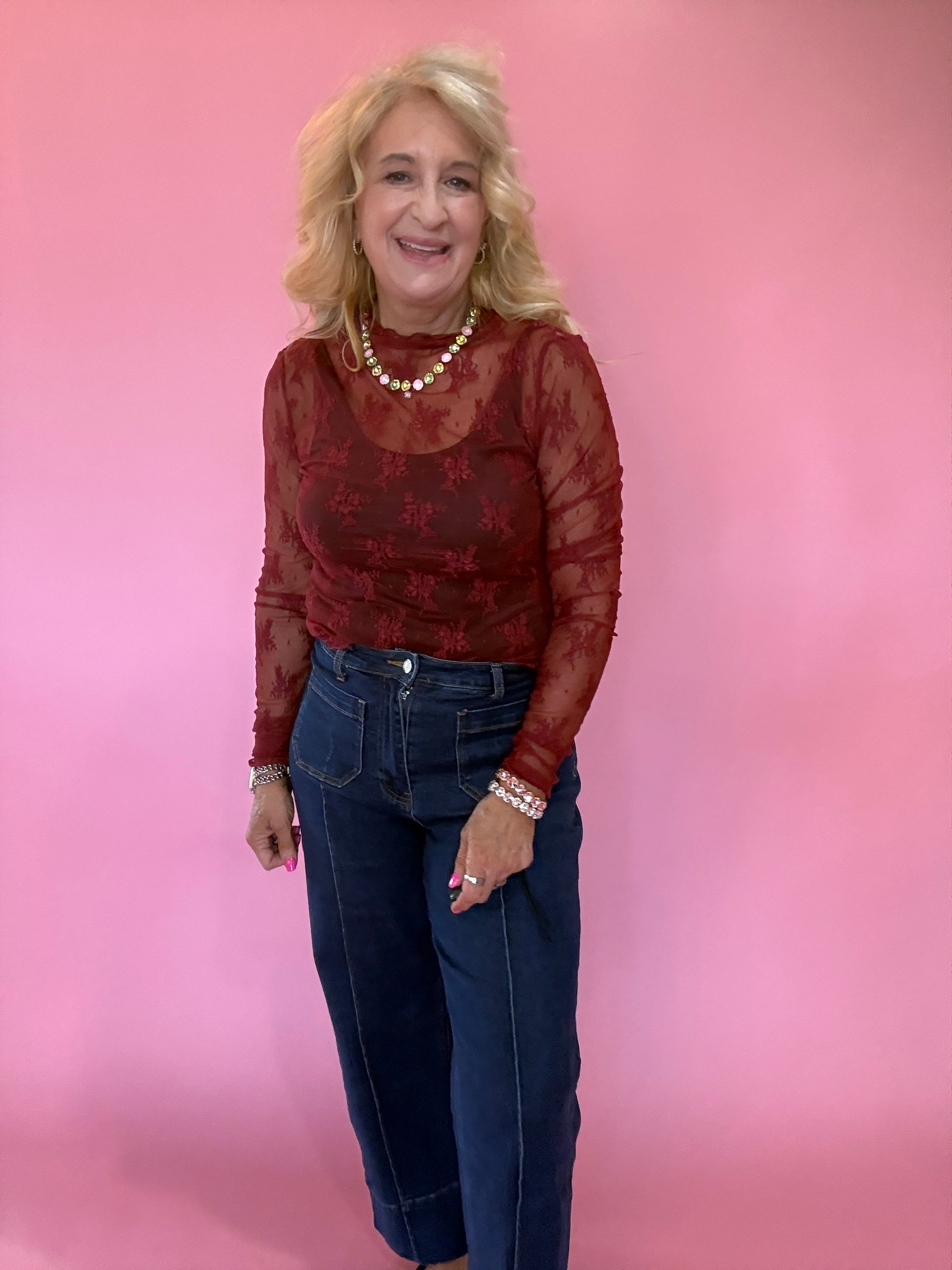 Lace Mock Neck Thumbhole Long Sleeve Top in Wine