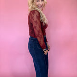 Lace Mock Neck Thumbhole Long Sleeve Top in Wine