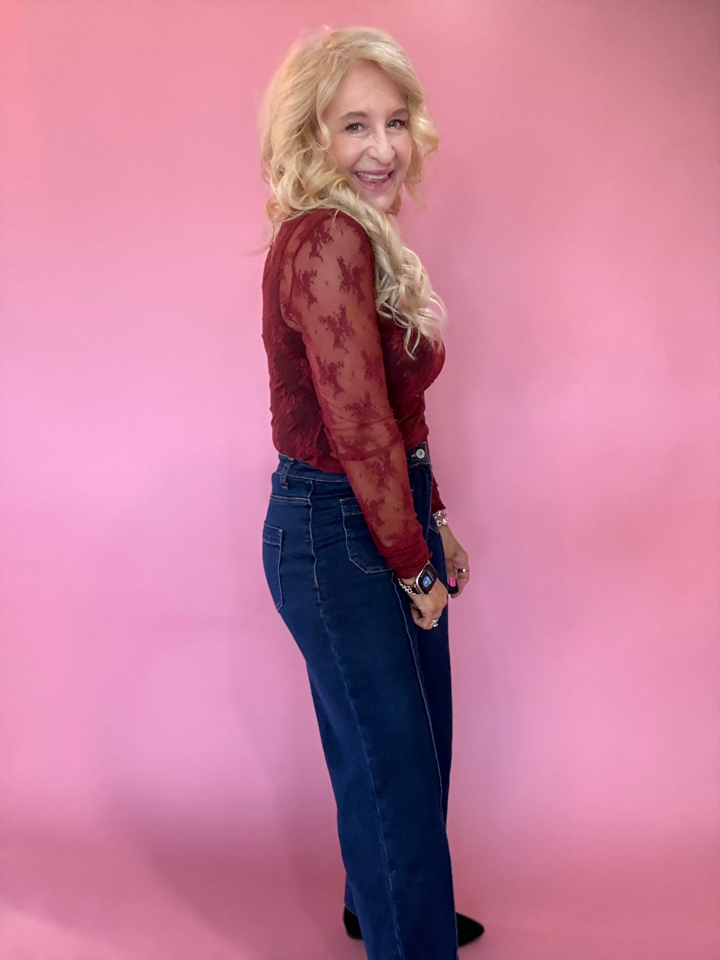Lace Mock Neck Thumbhole Long Sleeve Top in Wine
