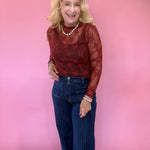 Lace Mock Neck Thumbhole Long Sleeve Top in Wine