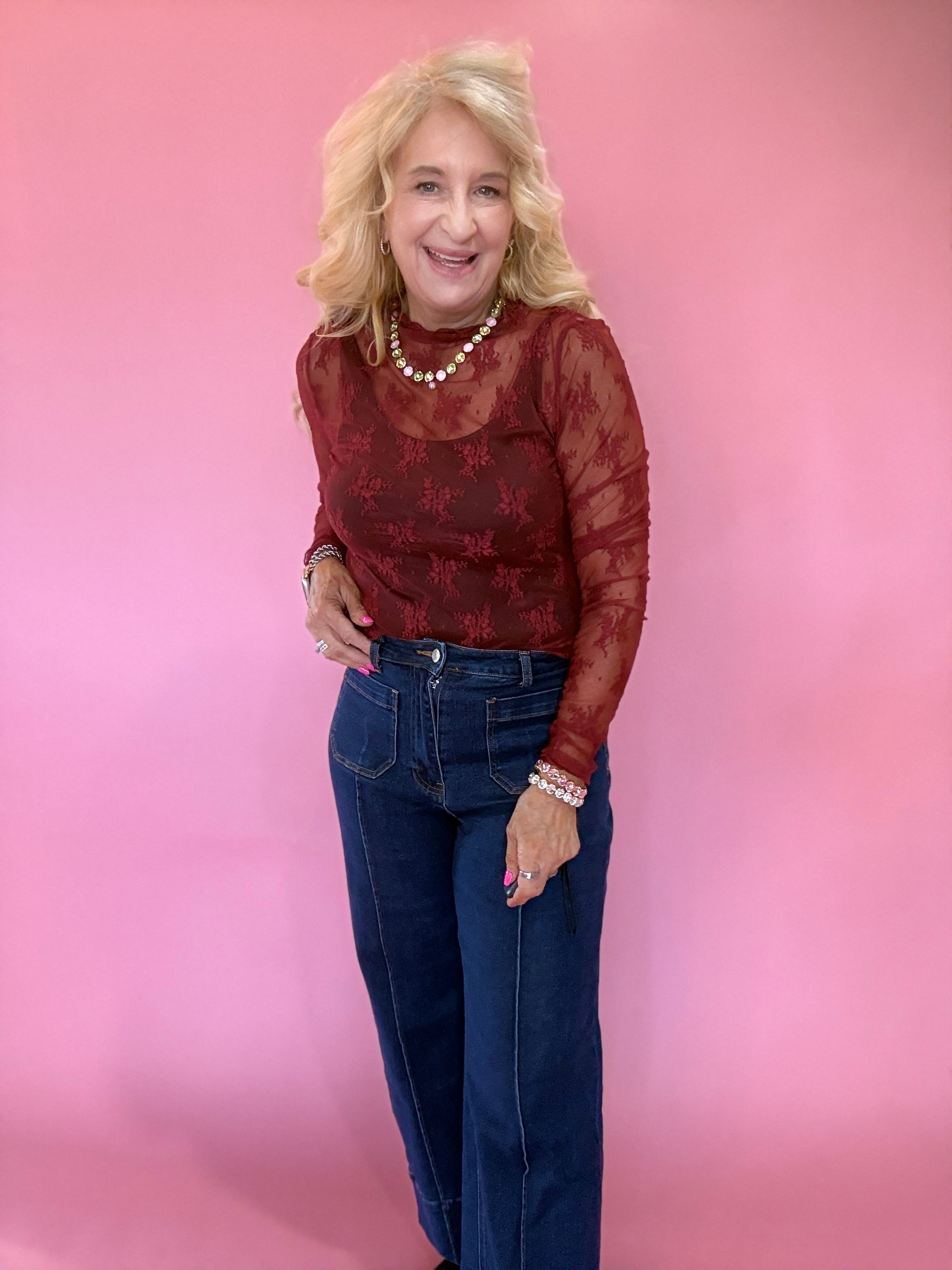Lace Mock Neck Thumbhole Long Sleeve Top in Wine