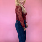 Lace Mock Neck Thumbhole Long Sleeve Top in Wine