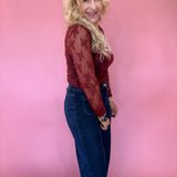 Lace Mock Neck Thumbhole Long Sleeve Top in Wine