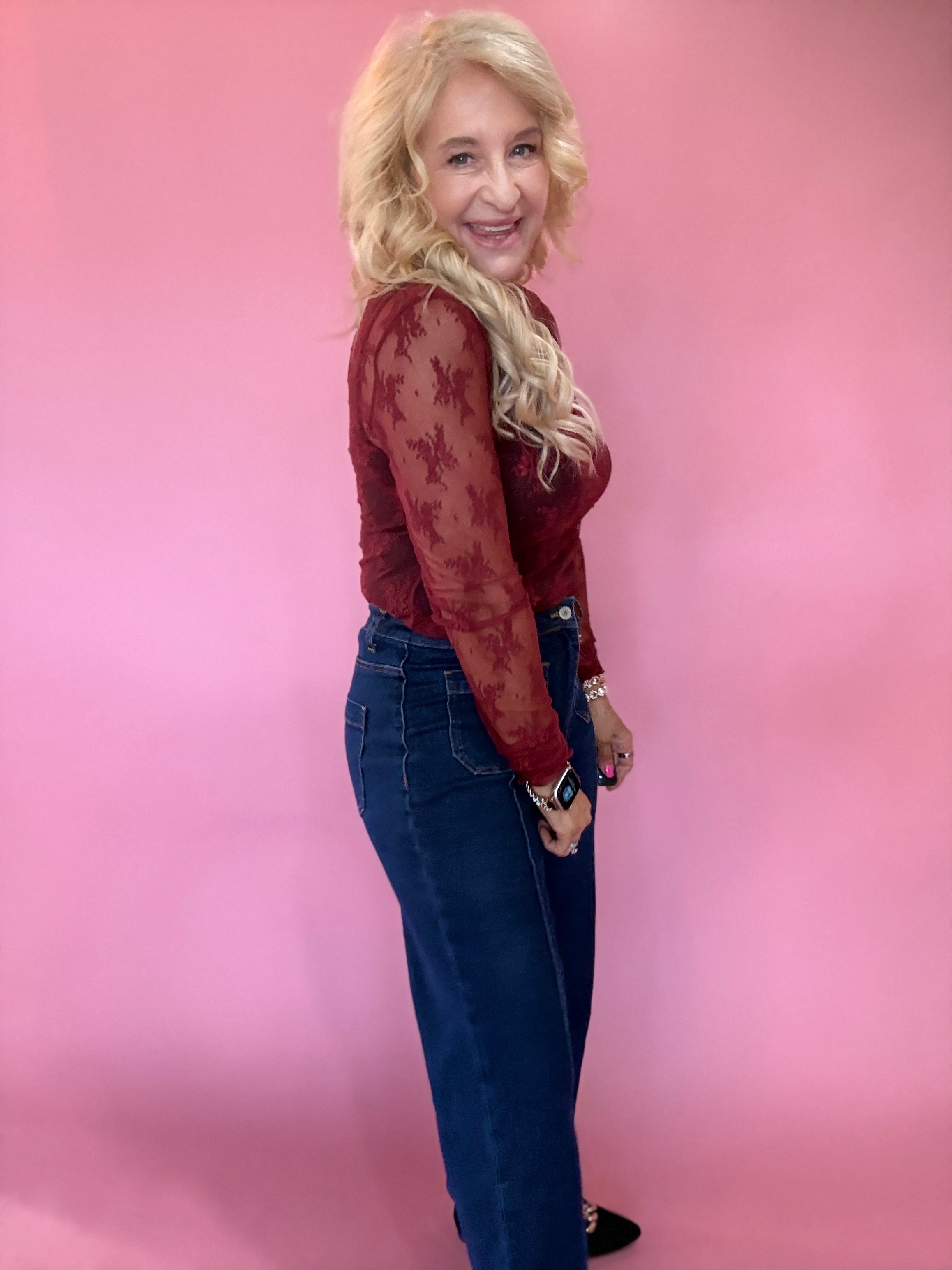 Lace Mock Neck Thumbhole Long Sleeve Top in Wine