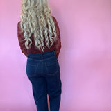 Lace Mock Neck Thumbhole Long Sleeve Top in Wine