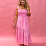 Larissa Smocked Tiered Mini Dress in Pink