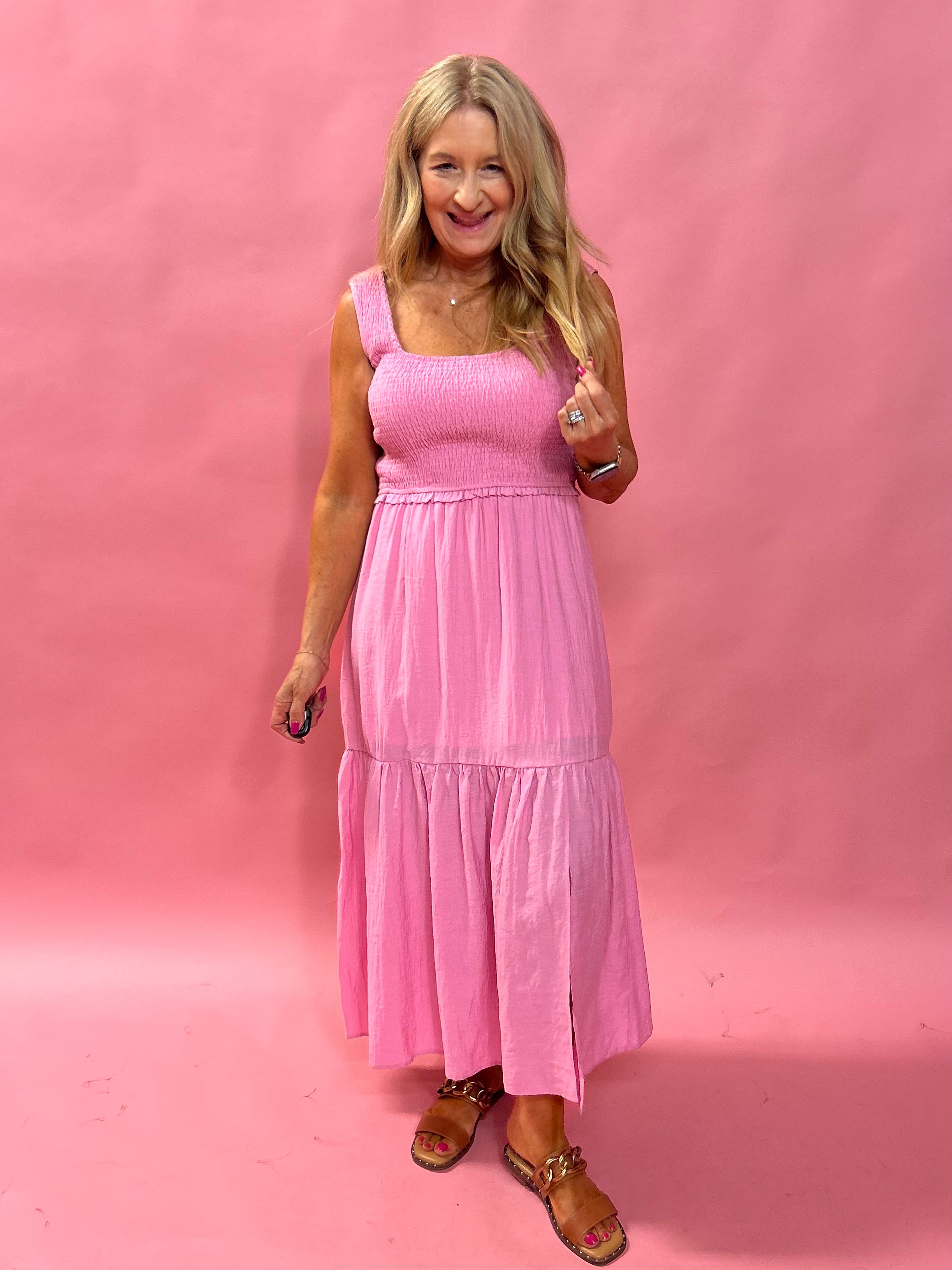 Larissa Smocked Tiered Mini Dress in Pink