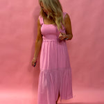 Larissa Smocked Tiered Mini Dress in Pink