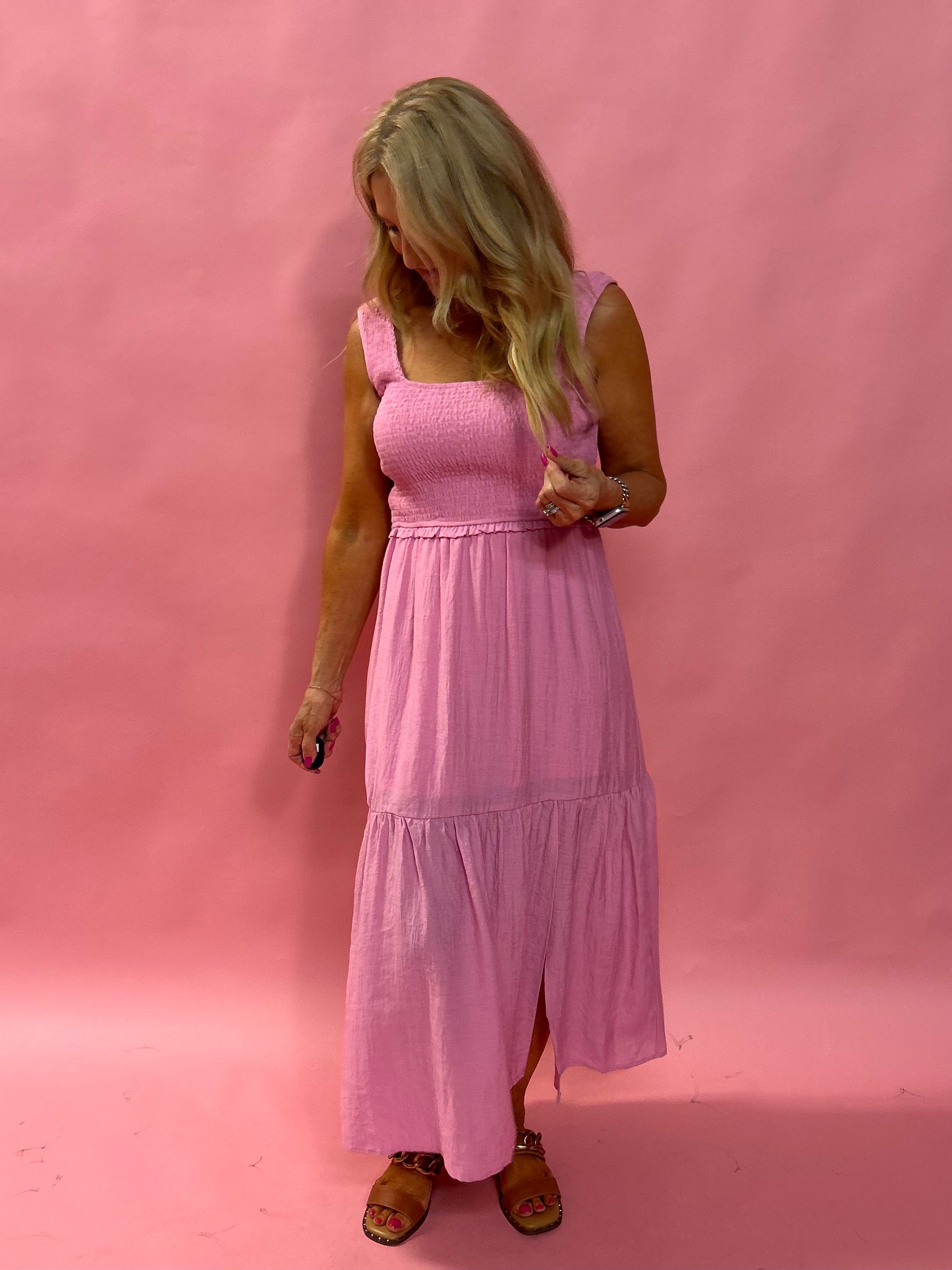 Larissa Smocked Tiered Mini Dress in Pink