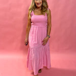 Larissa Smocked Tiered Mini Dress in Pink