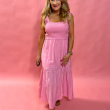 Larissa Smocked Tiered Mini Dress in Pink