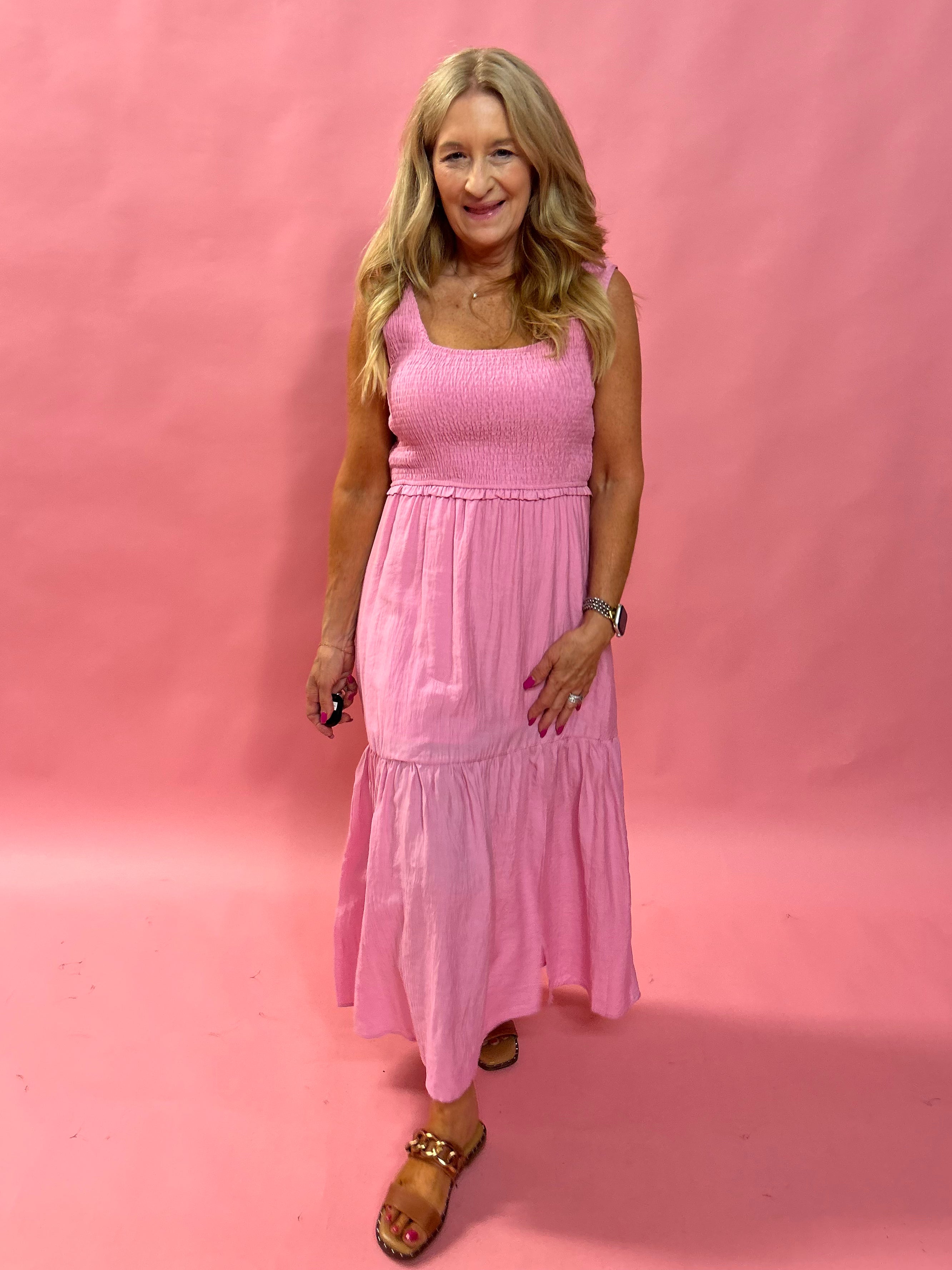 Larissa Smocked Tiered Mini Dress in Pink