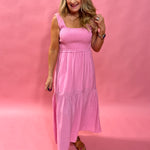 Larissa Smocked Tiered Mini Dress in Pink