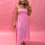 Larissa Smocked Tiered Mini Dress in Pink
