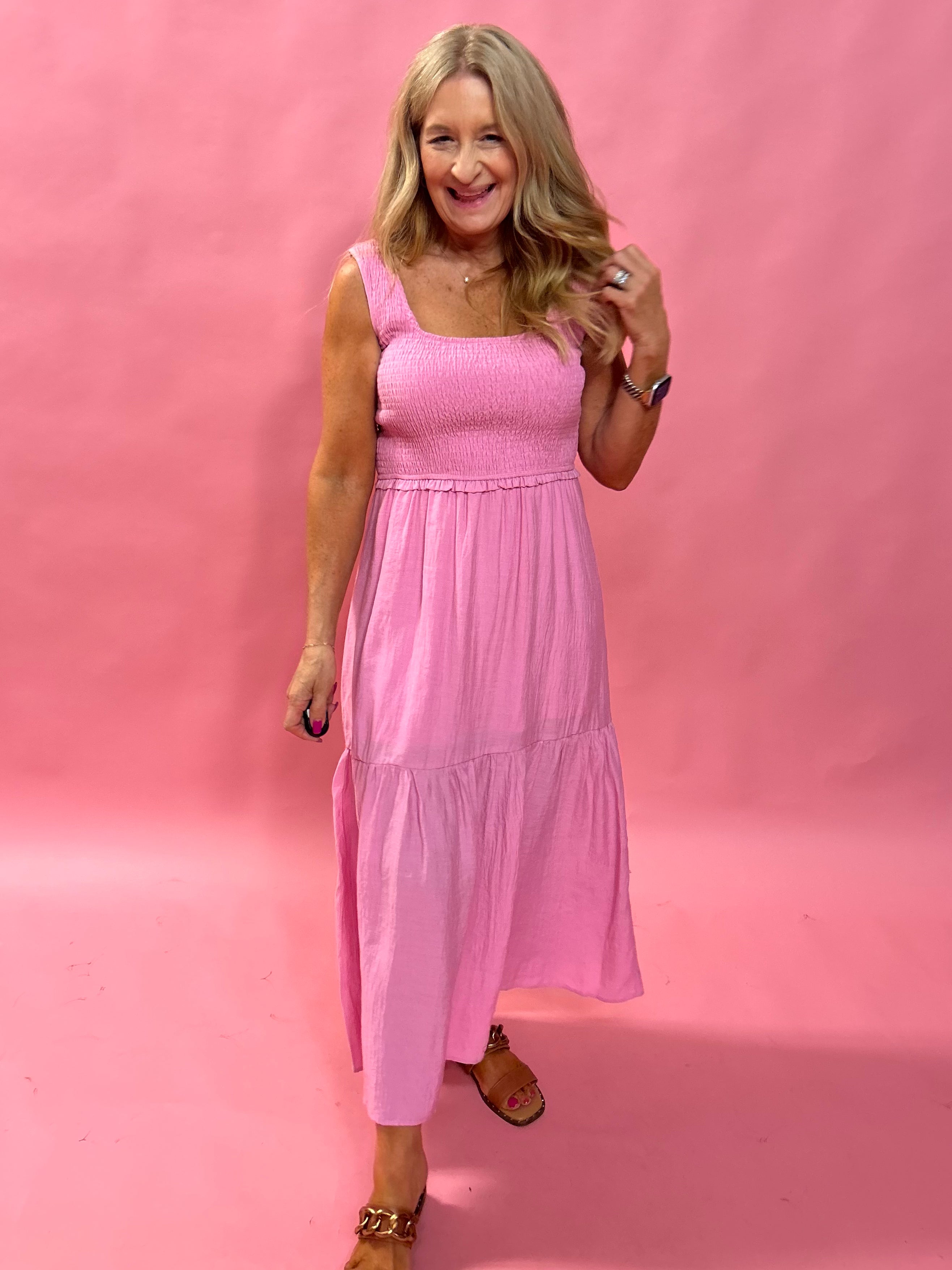 Larissa Smocked Tiered Mini Dress in Pink