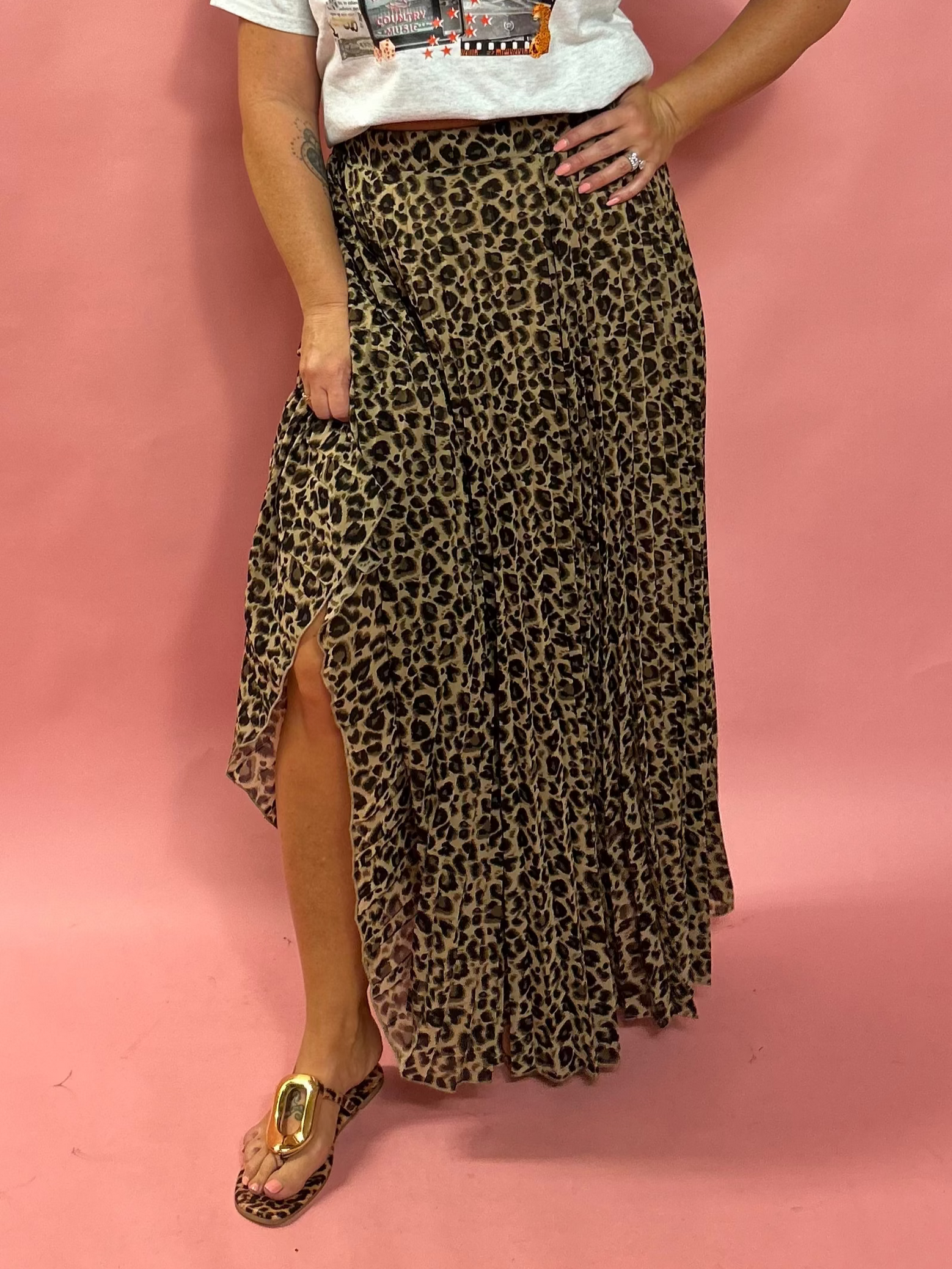Leopard Print Pleated Maxi Skirt