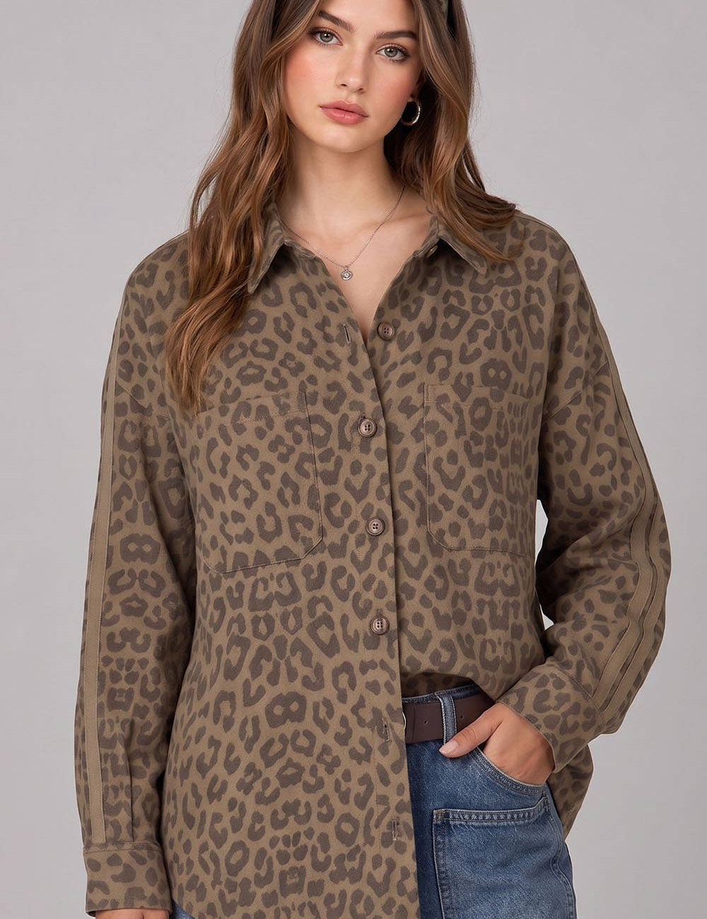 Leopard Print Pocket Front Shacket Layering Top