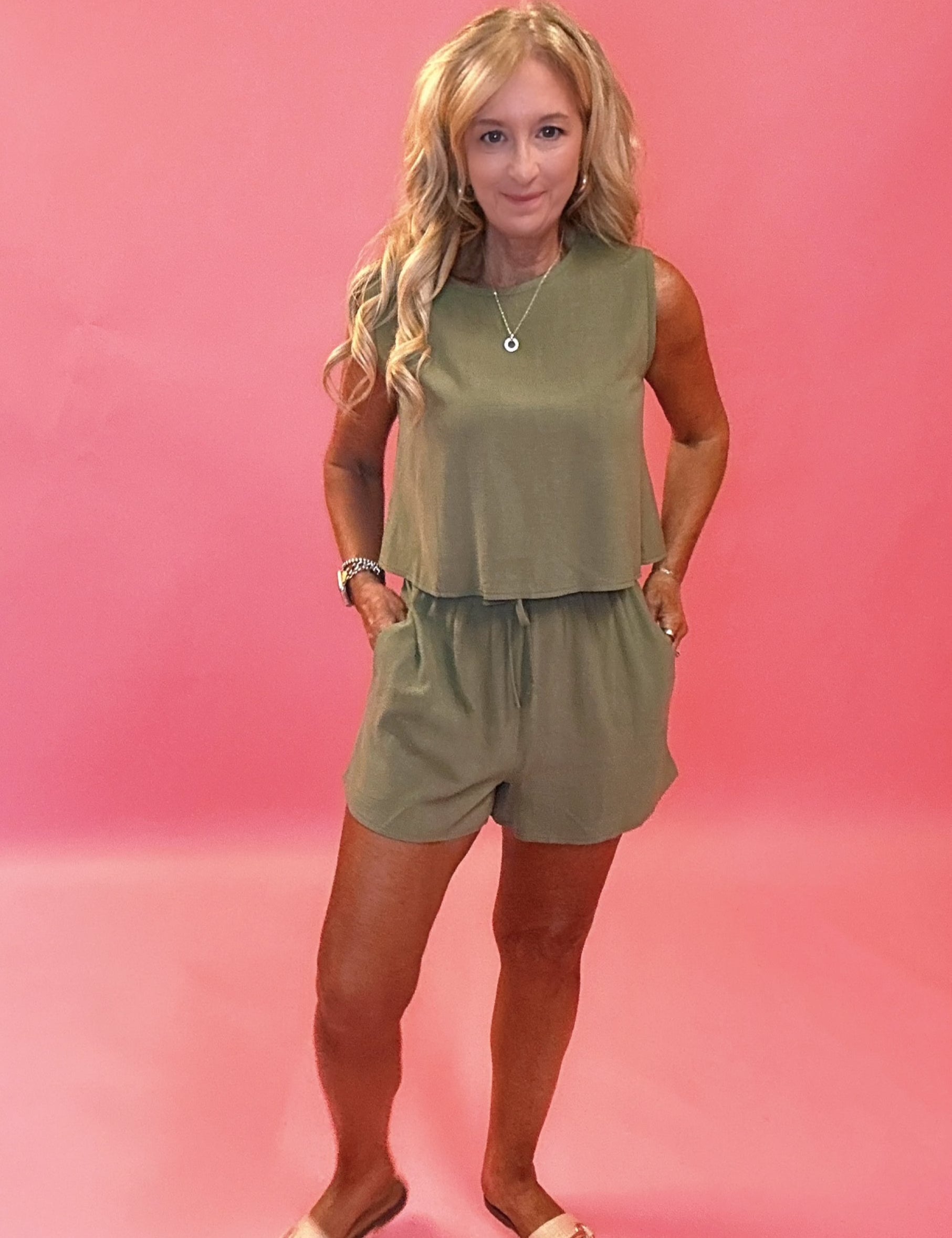 Linen Back Button Detail Crop Top and Pants in Sage