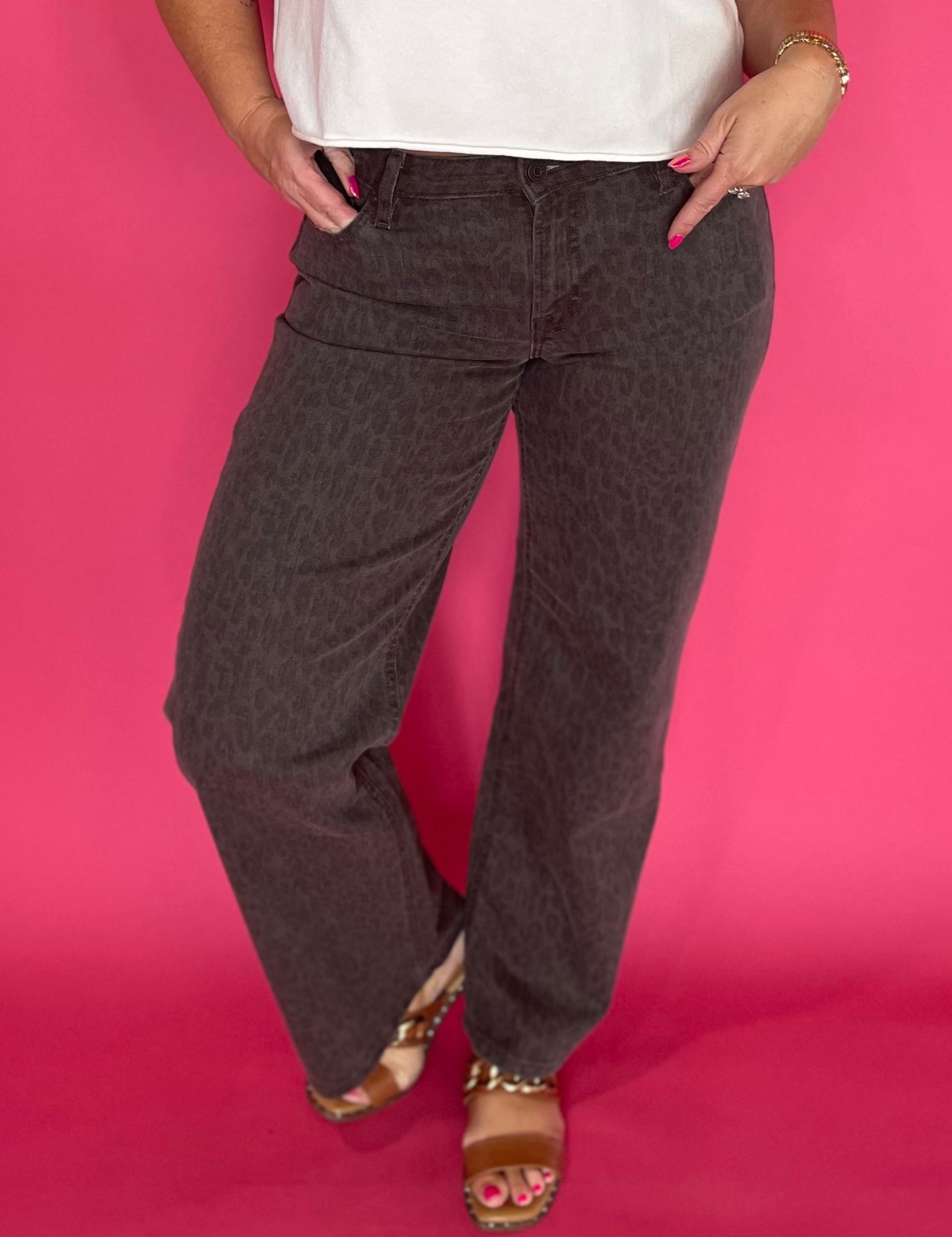 Logan Brown Cheetah Stretch Mid Rise Dad Jean Hidden
