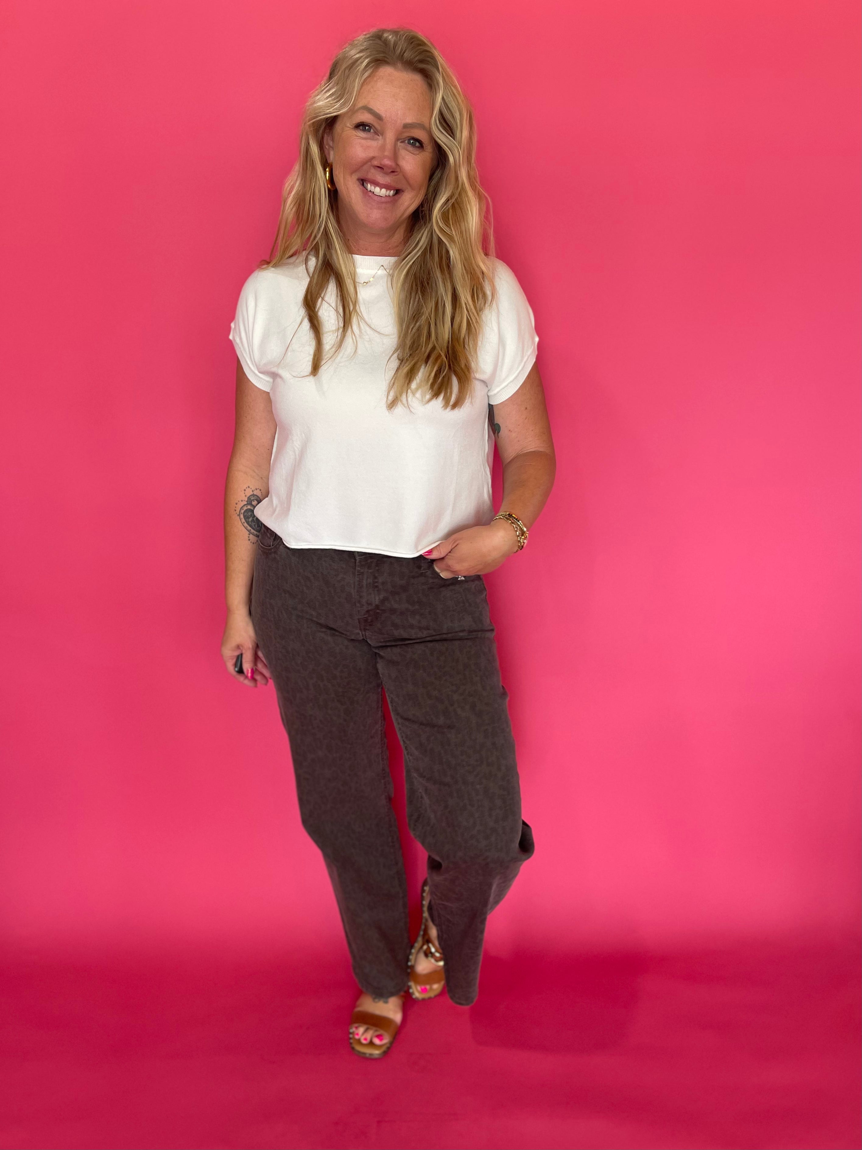 Logan Brown Cheetah Stretch Mid Rise Dad Jean Hidden