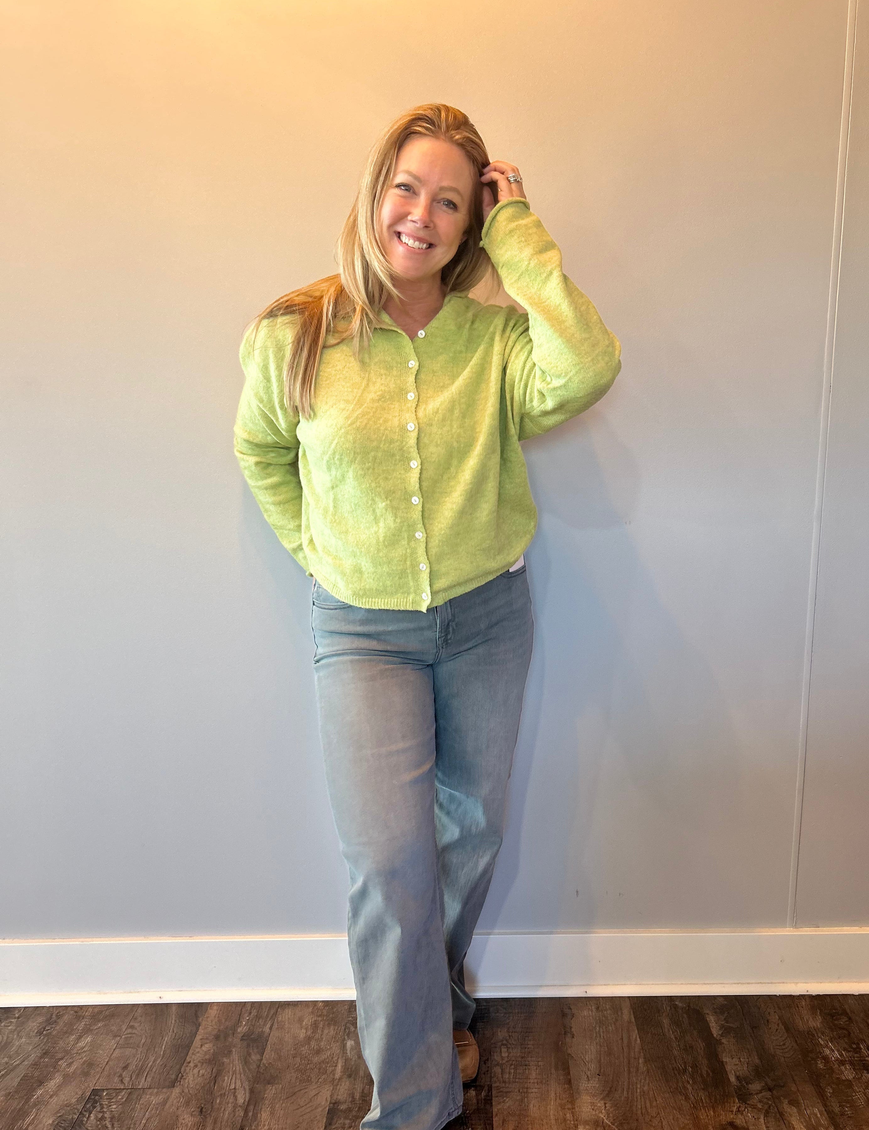 Back view of the charcoal dad jeans showing the relaxed straight leg and clean cut hem