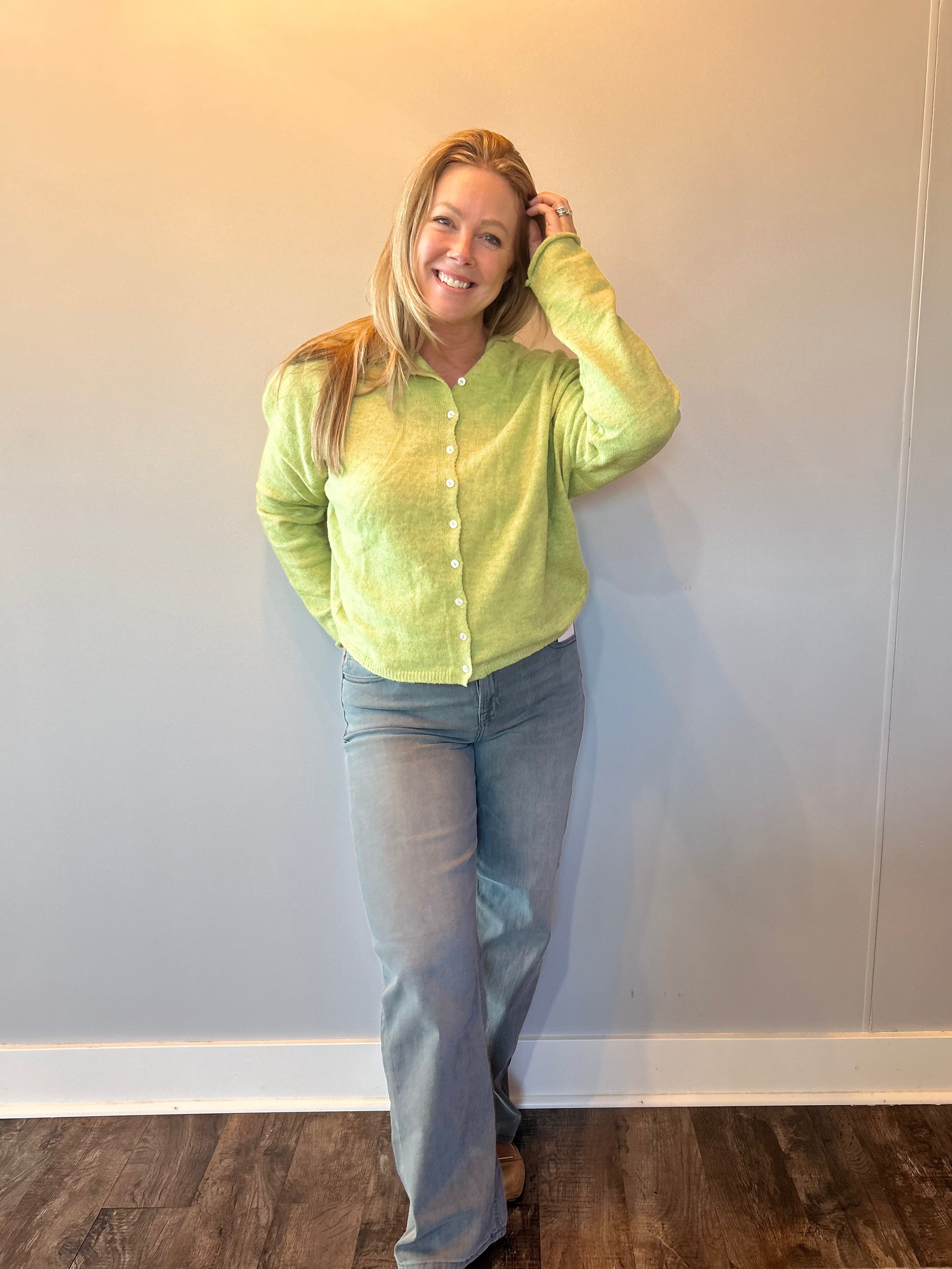 Back view of the charcoal dad jeans showing the relaxed straight leg and clean cut hem