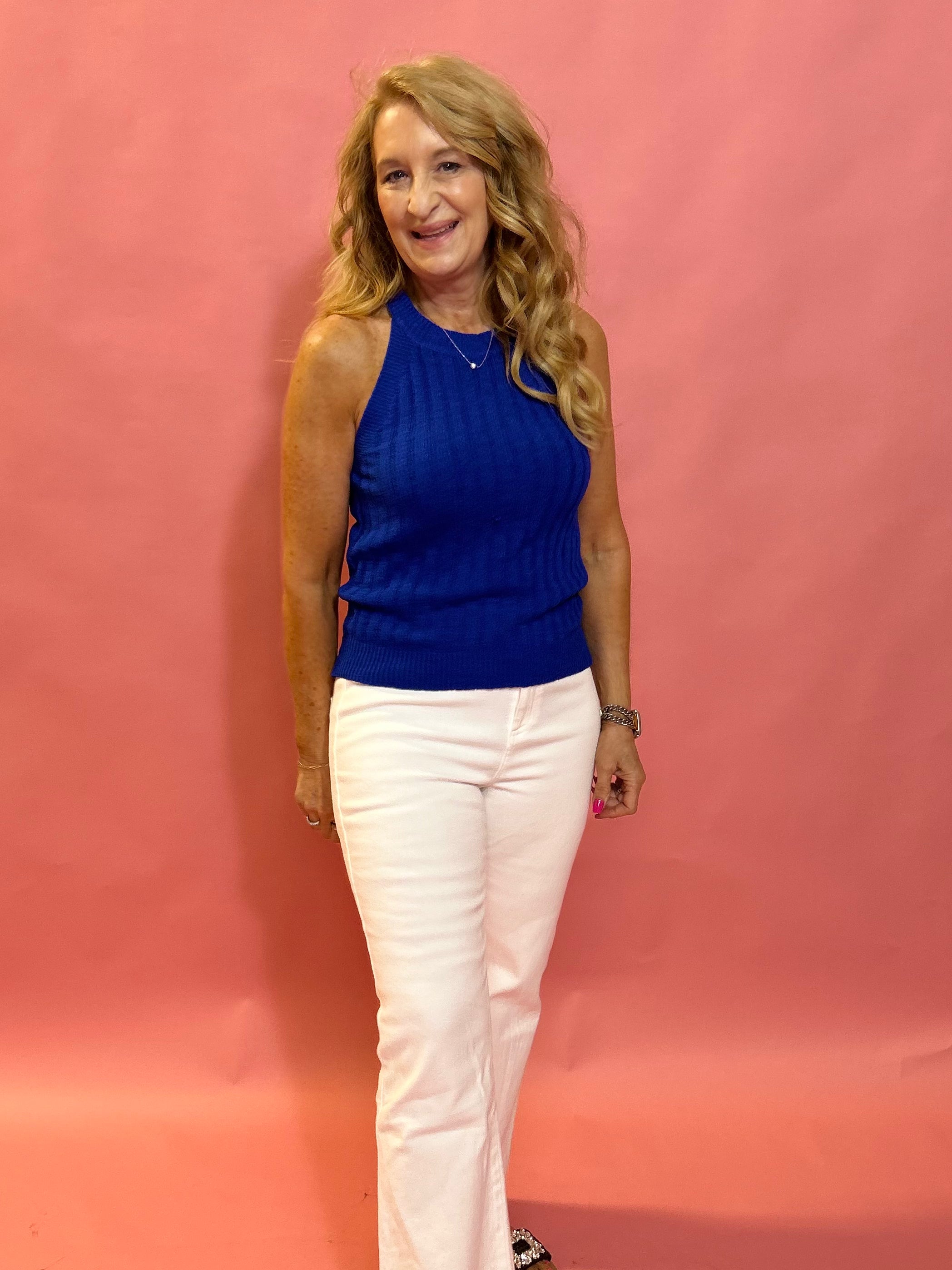 Lucinda Cotton Knit Ribbed Tank in Blue