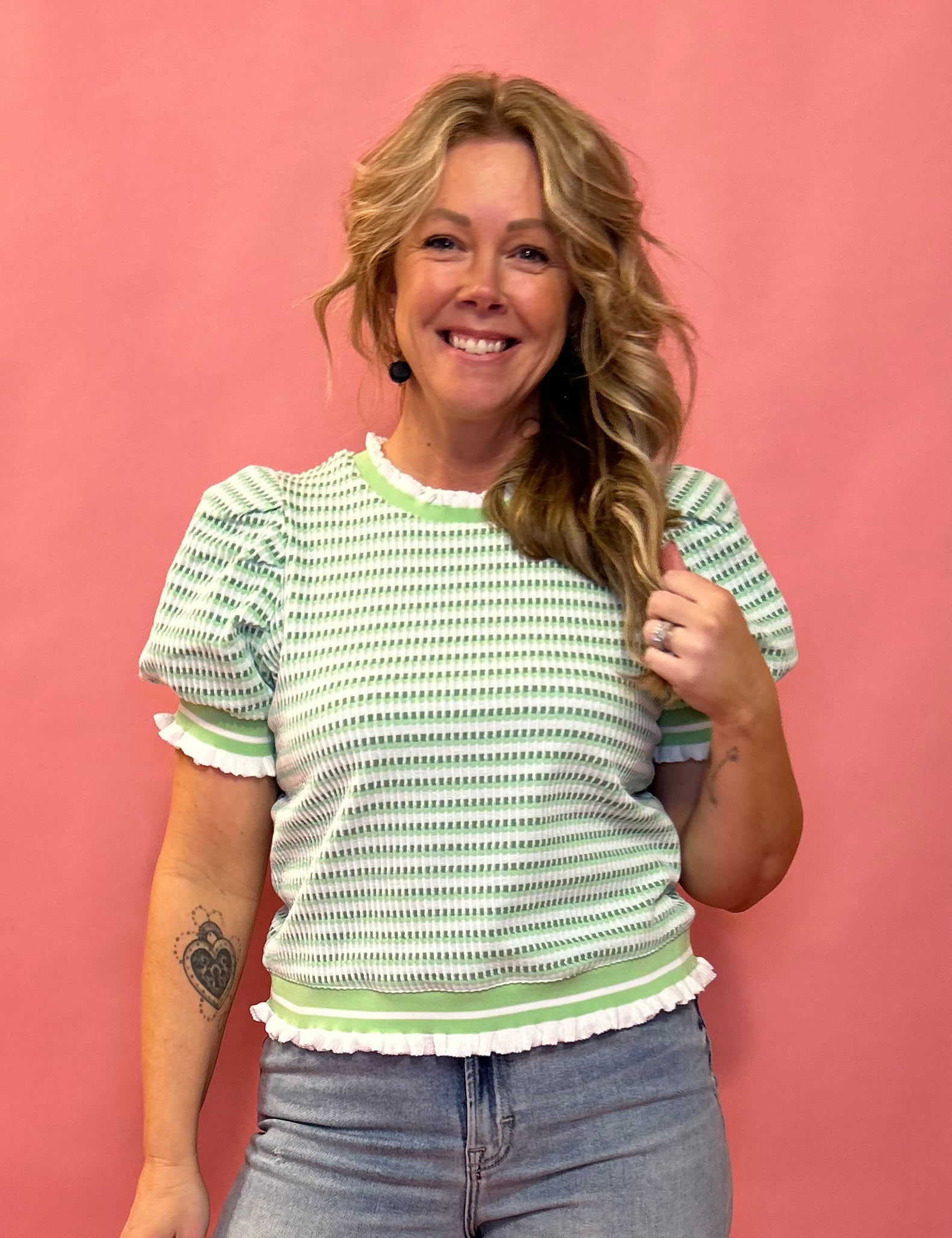 Lucky Charm Striped Puff Sleeve Sweater in Green