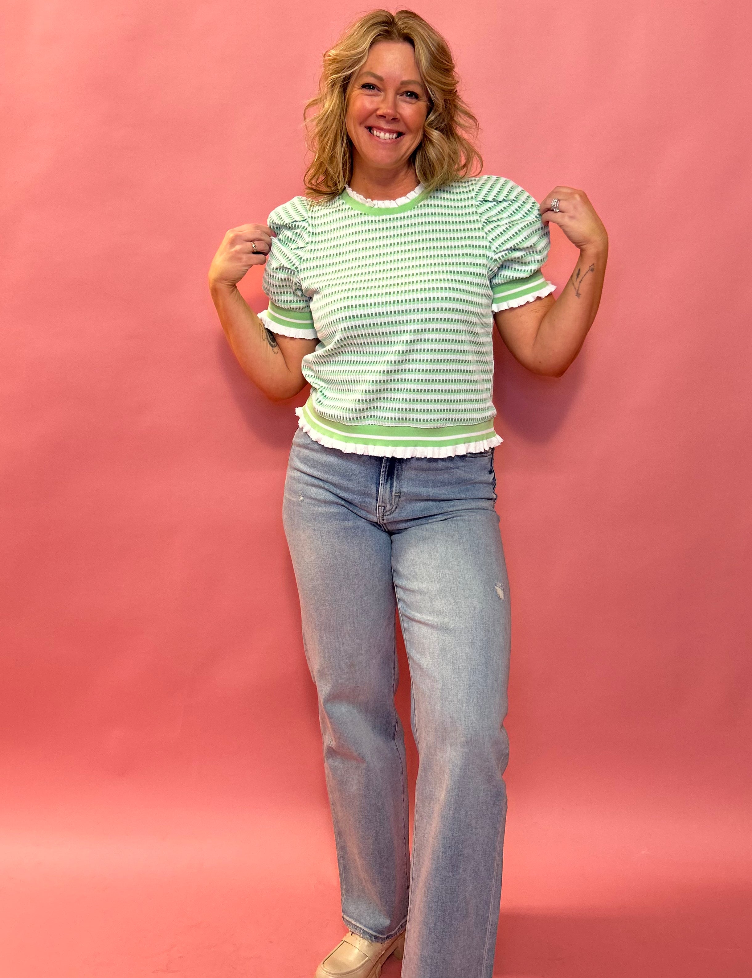 Lucky Charm Striped Puff Sleeve Sweater in Green