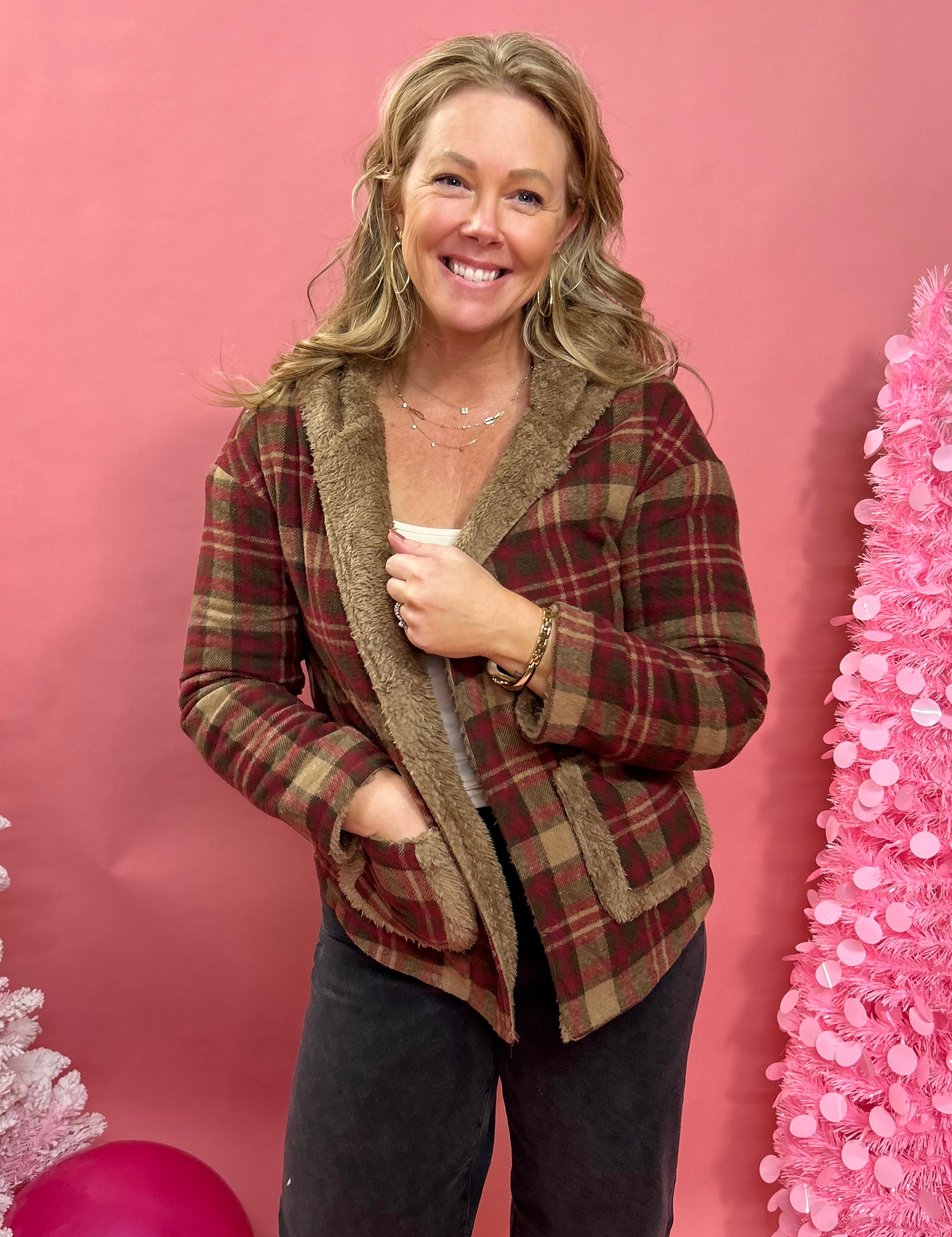 Lydia Plaid Sherpa Jacket in Burgundy