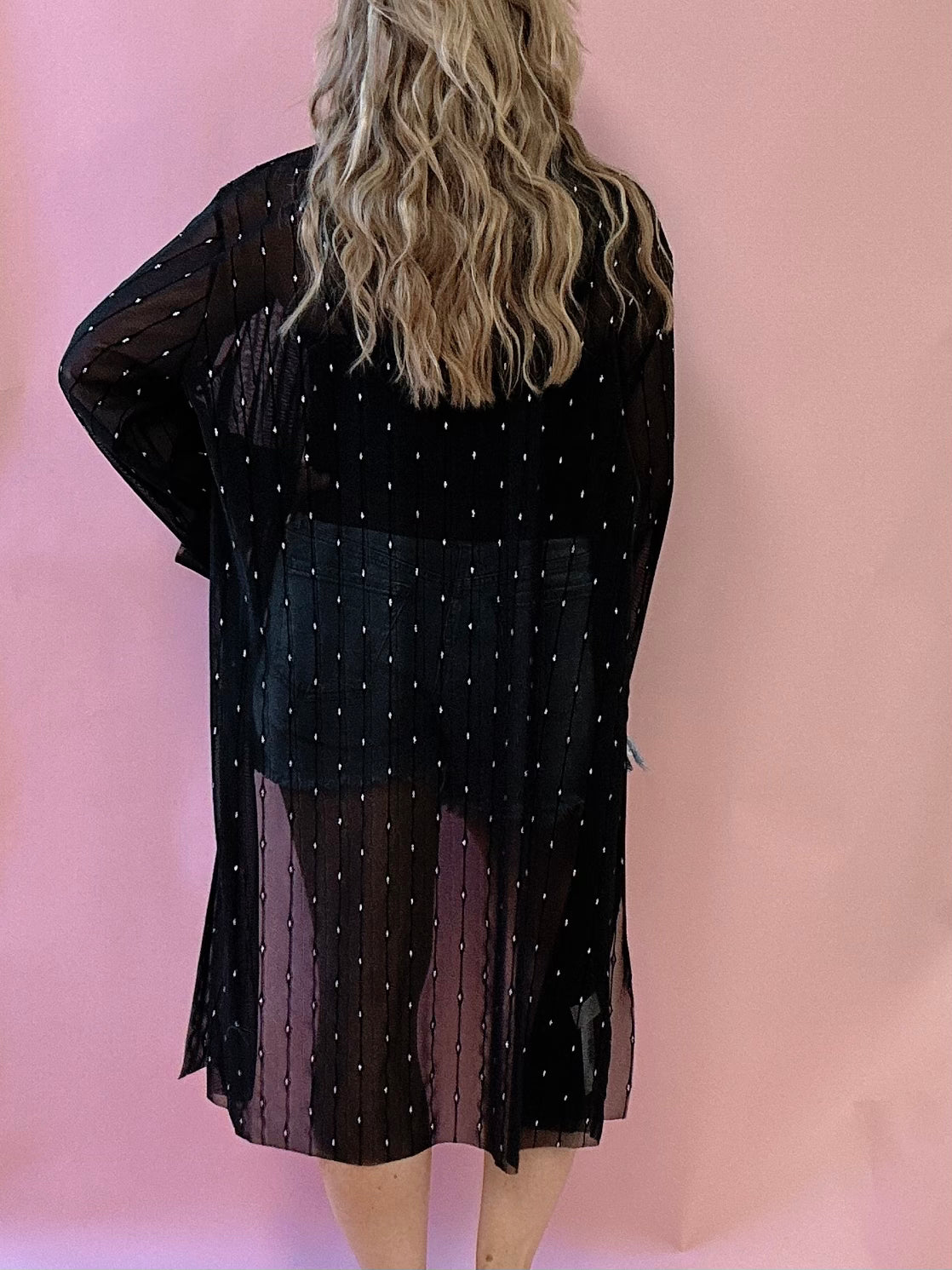 Lynette Sheer Mesh Rhinestone Kimono Embellished in Black