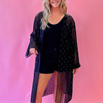 Lynette Sheer Mesh Rhinestone Kimono Embellished in Black