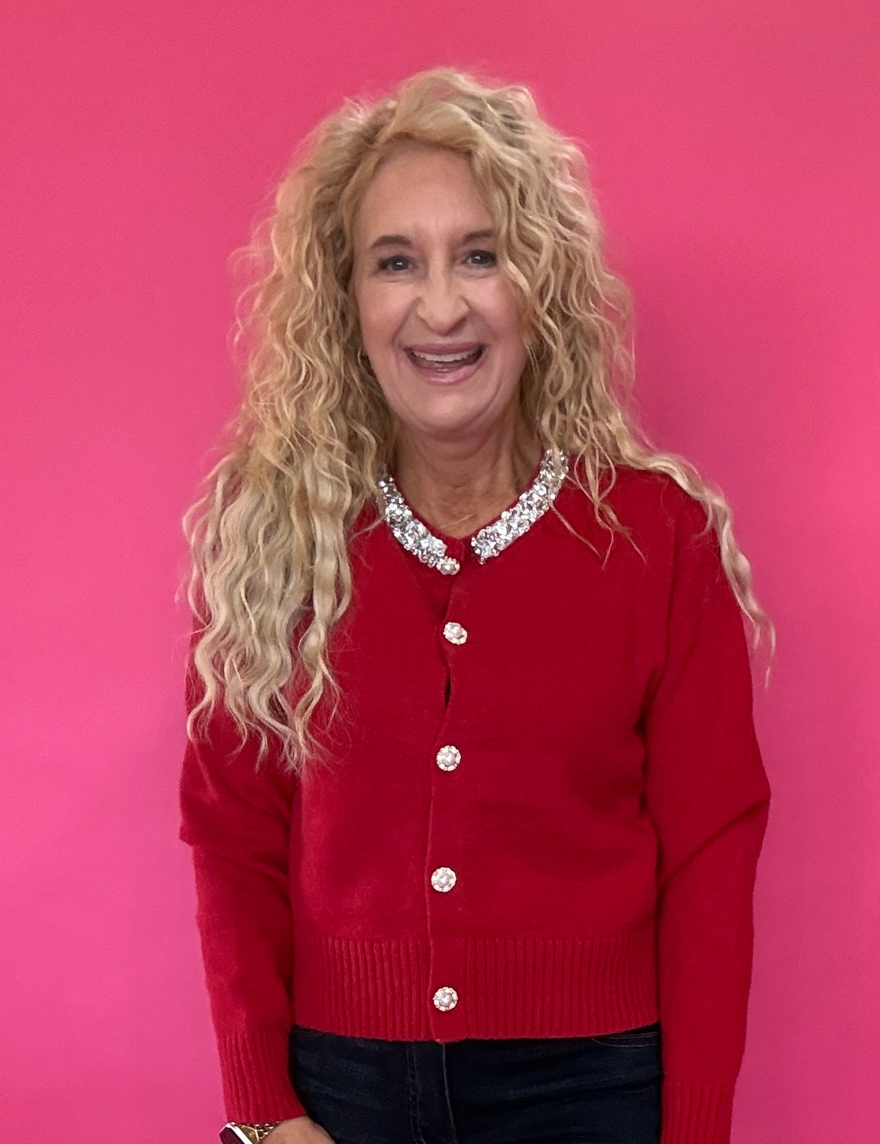 Main Jeweled Character Knit Sweater in Red