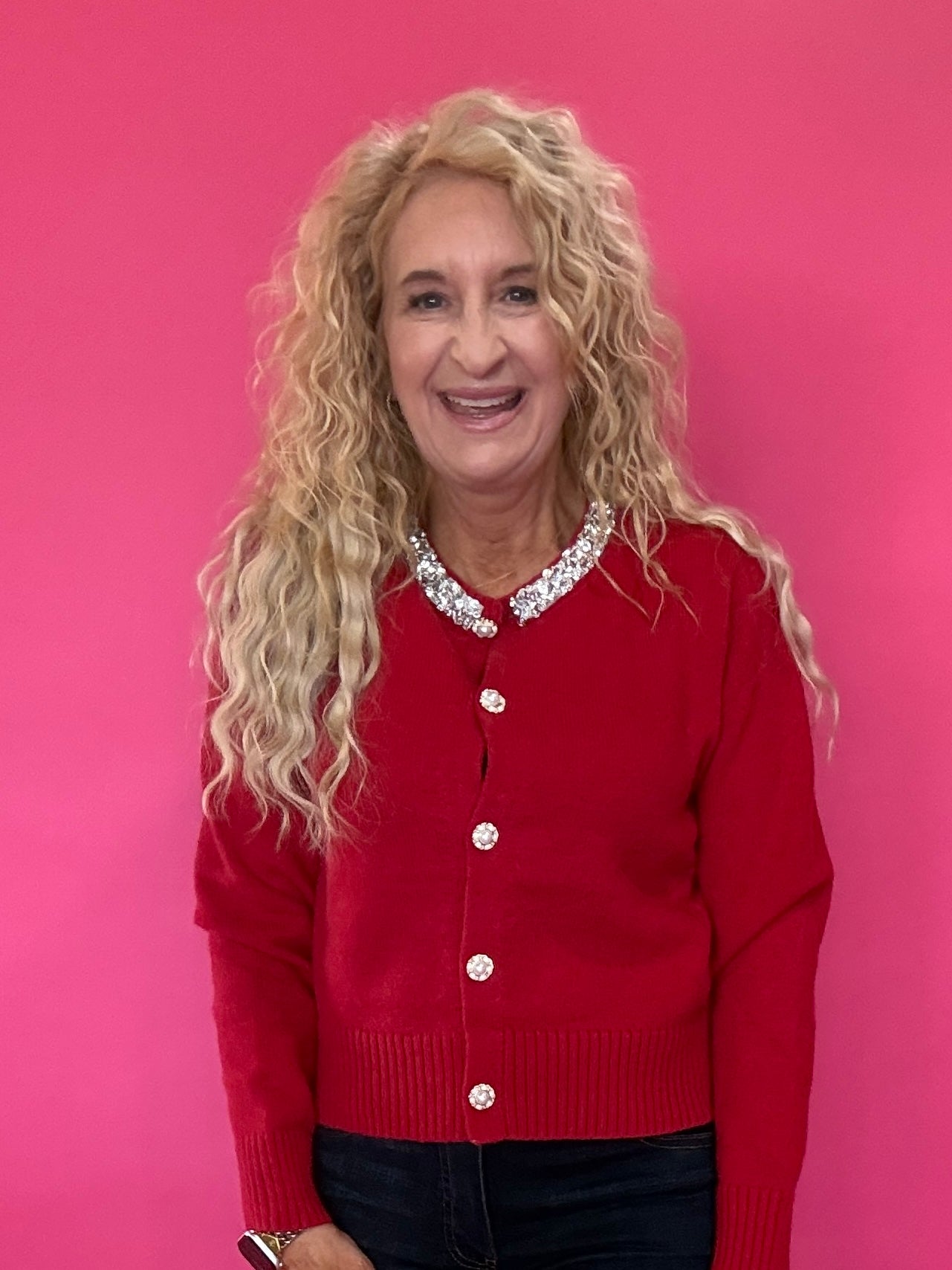 Main Jeweled Character Knit Sweater in Red