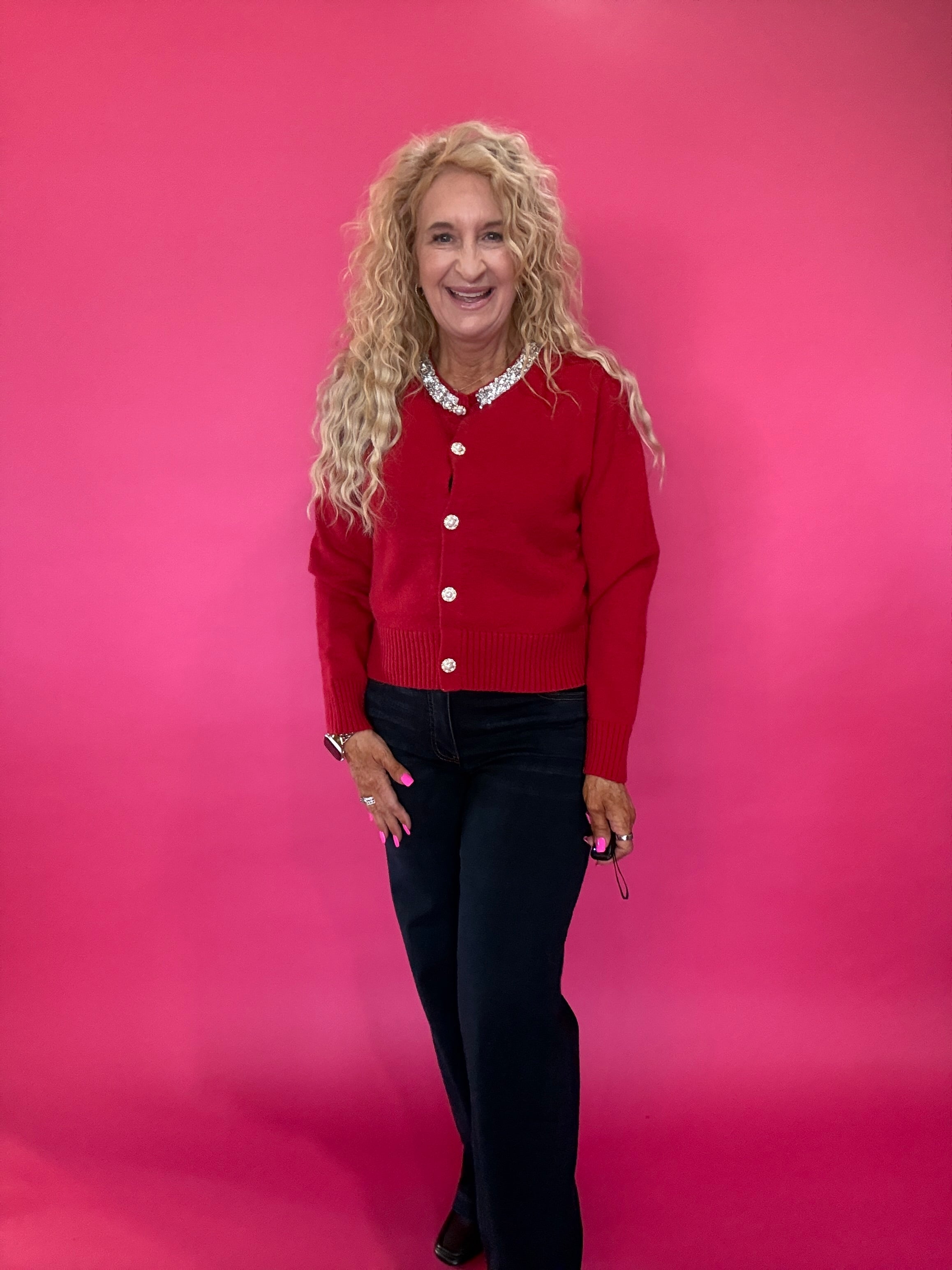 Main Jeweled Character Knit Sweater in Red