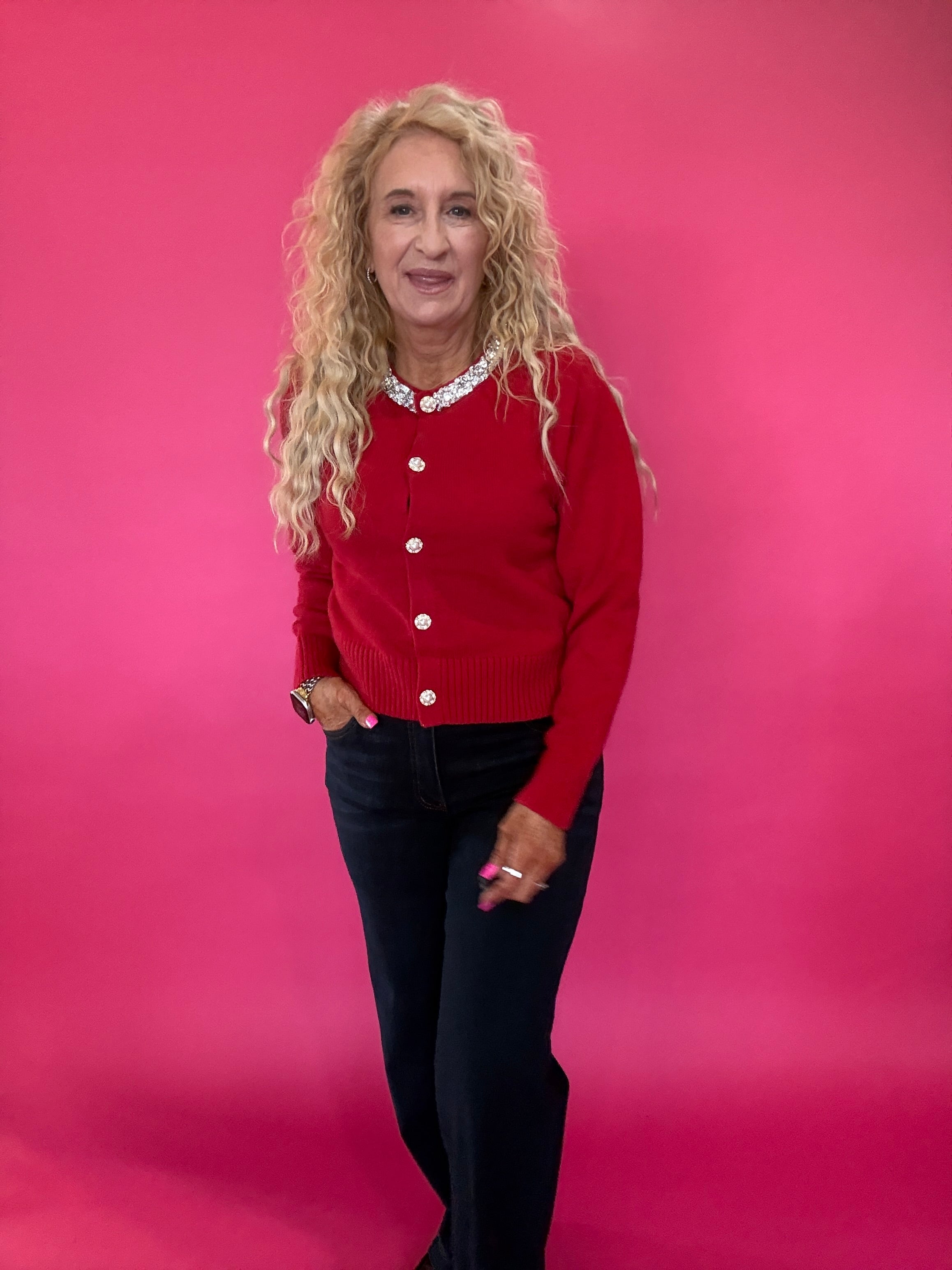 Main Jeweled Character Knit Sweater in Red