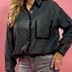 Malene Black Chambray Embroider Trim Top