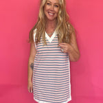 Retro striped sleeveless knit mini dress with contrast V-neck trim and side slit – Shabby 2 Chic Boutiques