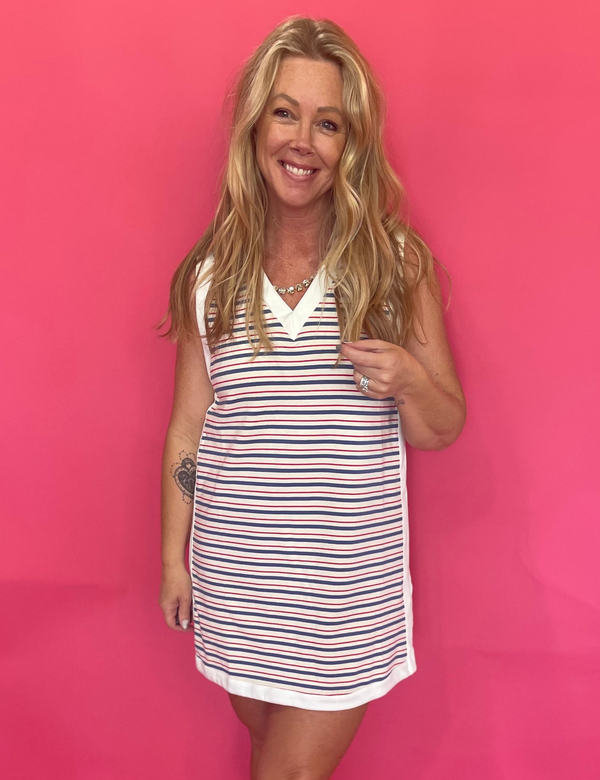 Retro striped sleeveless knit mini dress with contrast V-neck trim and side slit – Shabby 2 Chic Boutiques